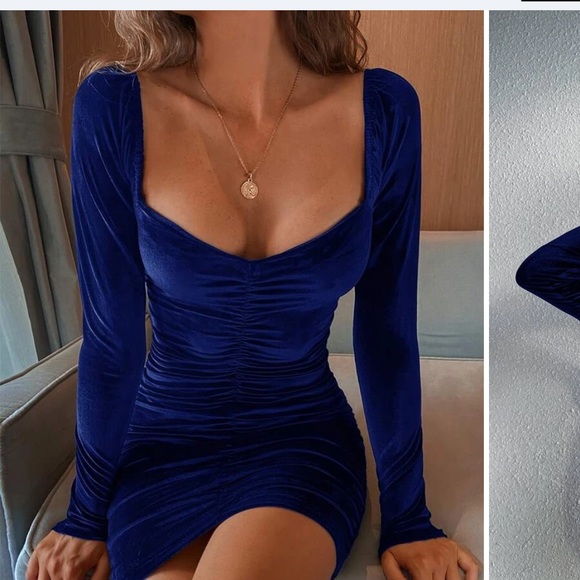 Ruched Sweetheart Neck Velvet Bodycon Dress ROYAL BLUE - Picture 2 of 2